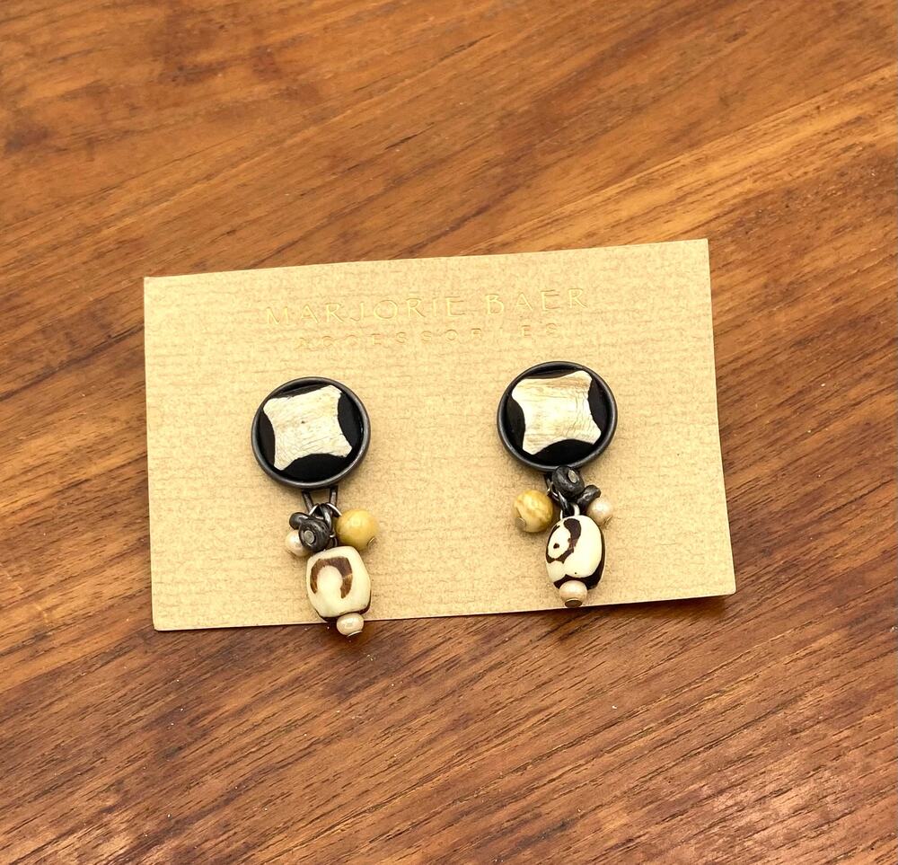 Vintage Marjorie Baer Post Earrings Modernist Bovine Bone Stone Ethnic Boho New
